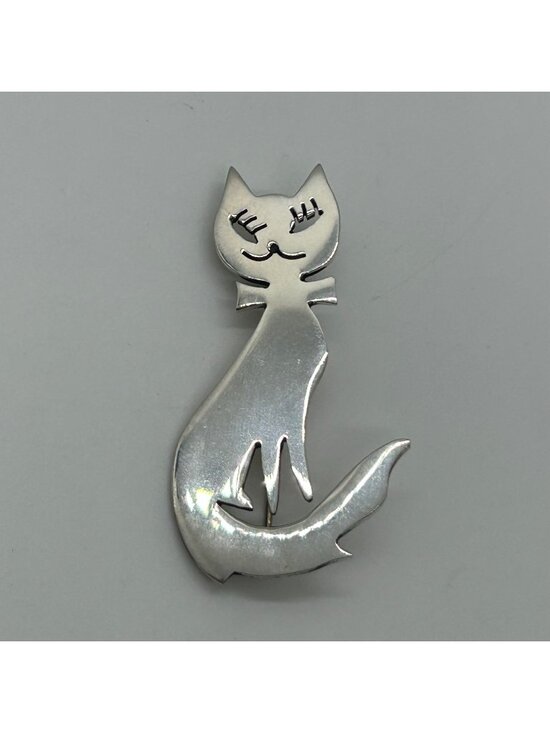 Mexico Jewelry - Vintage Sterling Silver Cat Brooch Pin 925 Mexico Handmade 2 Inches 1989
